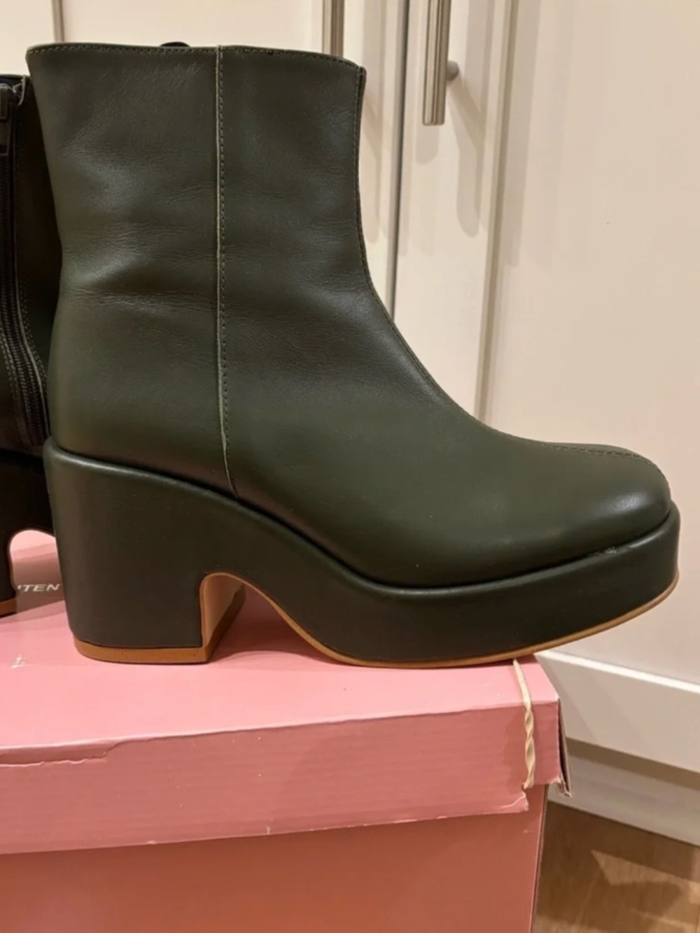 INTENTIONALLY BLANK Olive Green Leather Platform Ankle Boots Size 38